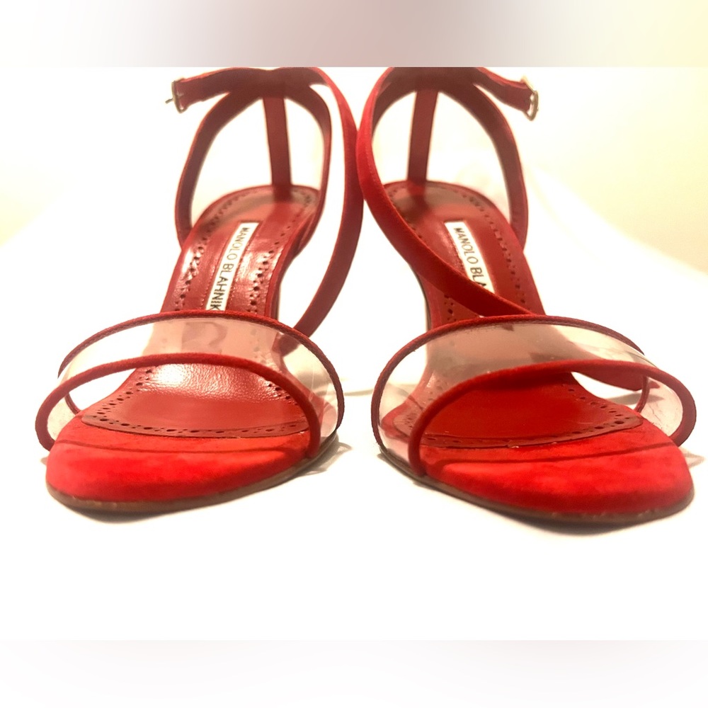 New! Manolo Blahnik Red Strappy Suede Heels - Size 37.5 - Picture 5 of 10